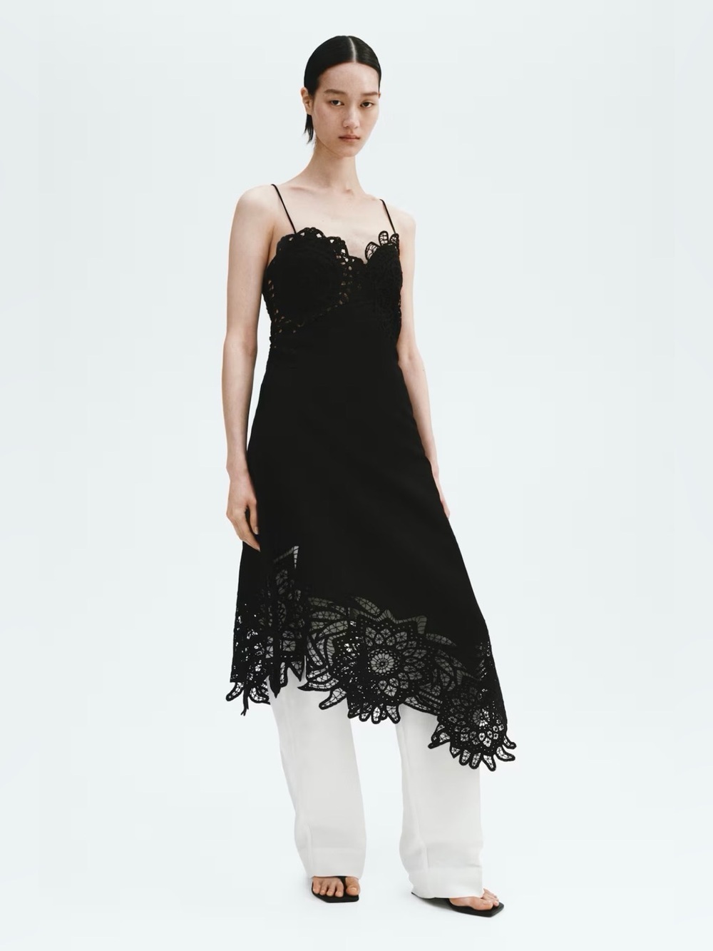 H&M SUDIO COLLECTION SPRING 2026 BLACK LACE-DETAIL LINEN-BLEND DRESS SIZE M